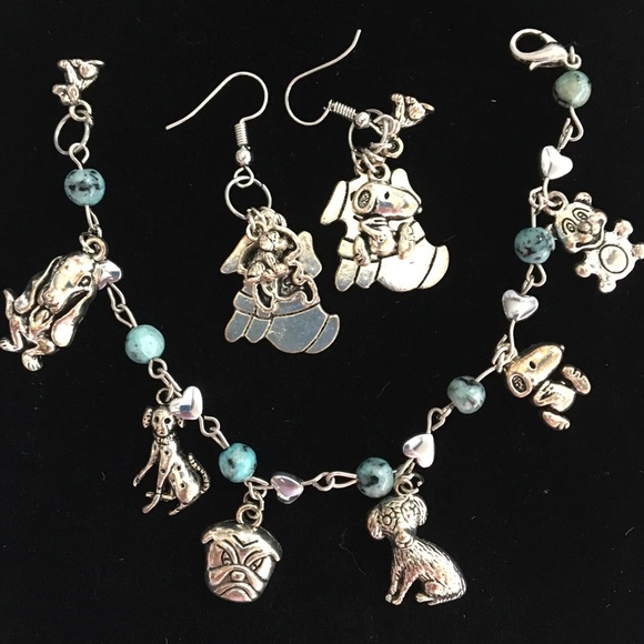 Dog Lovers Silver & Turquoise Charm Bracelet & Earrings Set Doggie Theme - Picture 5 of 5